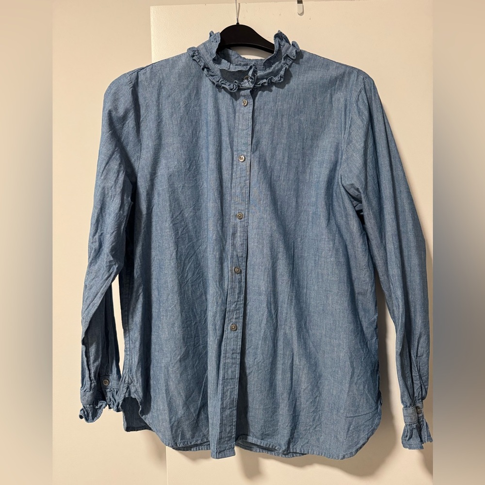 J. Crew Womens Classic Fit Ruffleneck Chambray Shirt, Size 16